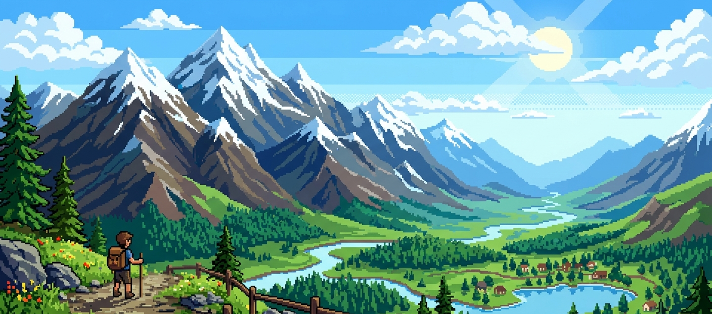 Pixel art illustration of a hiker overlooking a green valley and river below snow-capped mountains